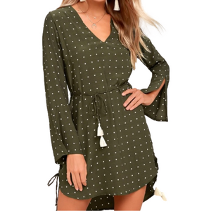 FAITHFULL The Brand Women's 4 Neroli Olive Green Print Long Sleeve Dress Tassel